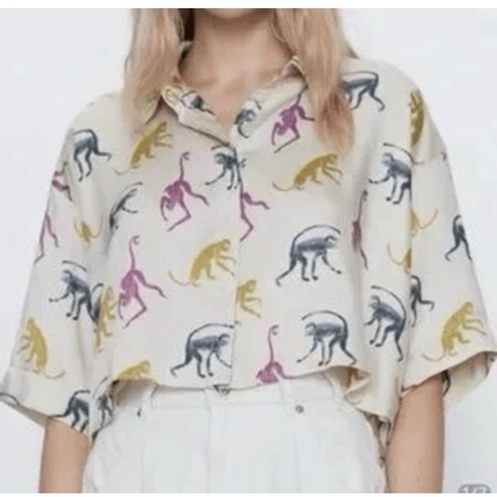 Zara Womens Monkey Animal Print Shirt Crop Top Safari Zoo XS Multicolor